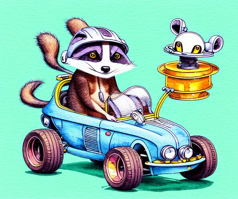 Image similar to cute and funny, racoon wearing a helmet riding in a tiny hot rod with oversized engine, ratfink style by ed roth, centered award winning watercolor pen illustration, isometric illustration by chihiro iwasaki, edited by range murata, tiny details by artgerm and beeple, symmetrically isometrically centered