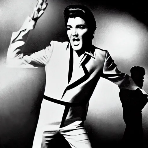 Image similar to black and white photograph of elvis dancing surrounded by teal aliens