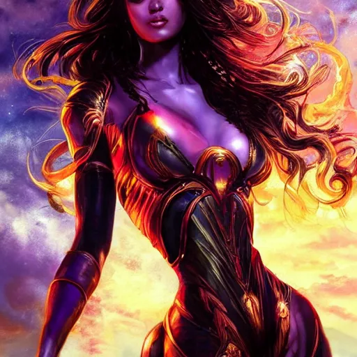 Prompt: front portrait hands behinds pose of attractive Starfire with ginger wavy hair, hands behind her pose!, Intricate overlay flames imagery , D&D!, fantasy style, sharp focus!, ultra detailed, art by Artgerm and Peter Andrew Jones, WLUP