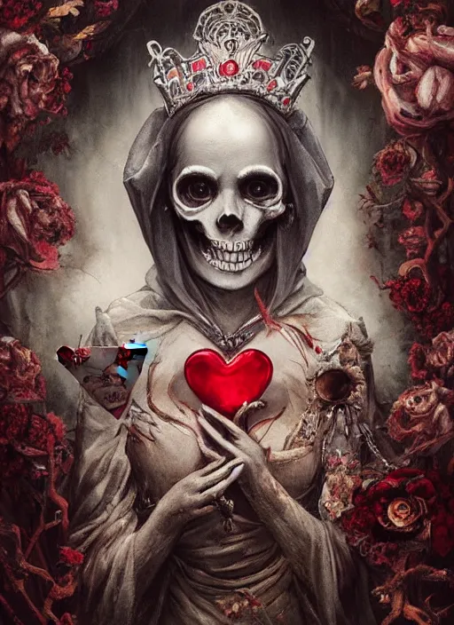 Image similar to Hungry Queen of Hearts with White Rabbit, Death Tarot card,highly detailed,half skull face,cinematic,8k,by Stanley Artgermm,Tom Bagshaw,Greg Rutkowski,Carne Griffiths, Ayami Kojima, Beksinski, Giger,trending on DeviantArt,hyper detailed,horror, full of colour