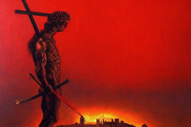 Image similar to only with red, a red melted apollo with a laurel wreath and a flaming sword announce the win, athens in the background, in the style of beksinski, part by hopper, part by rodcenko, part by hofbauer, intricate composition, red by caravaggio, insanely quality, highly detailed, masterpiece, red light, artstation