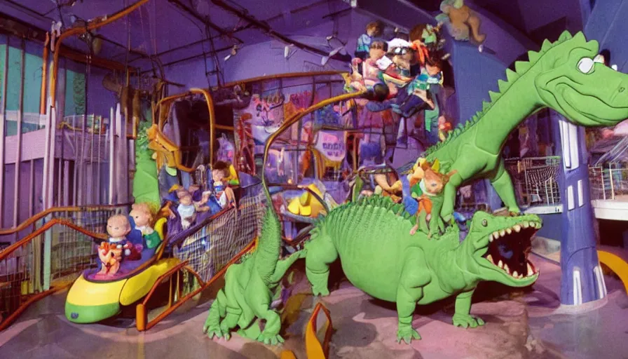 Prompt: 1990s photo of inside the Rugrats show ride at Universal Studios in Orlando, Florida, children riding in baby walkers battling Reptar a large dinsaur, shooting lazers, explosions, cinematic, UHD