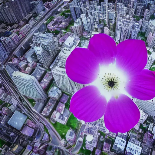 Image similar to closeup photo of purple flower petal flying above a city, aerial view, shallow depth of field, cinematic, 8 0 mm, f 1. 8