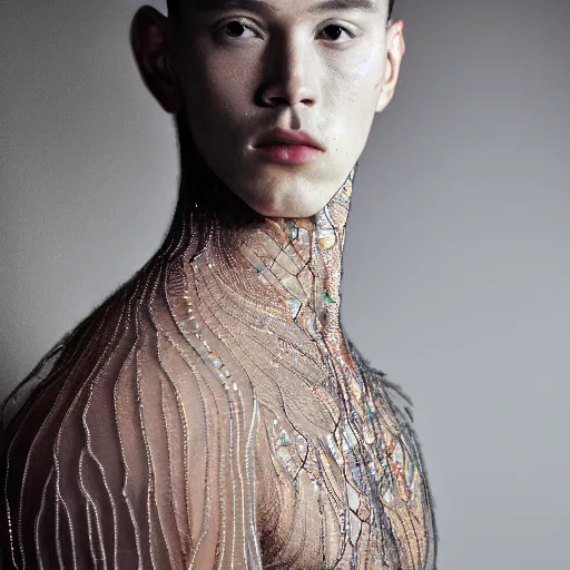 Image similar to a portrait of a beautiful young male wearing an alexander mcqueen bodysuit made of neon lace , photographed by andrew thomas huang, artistic