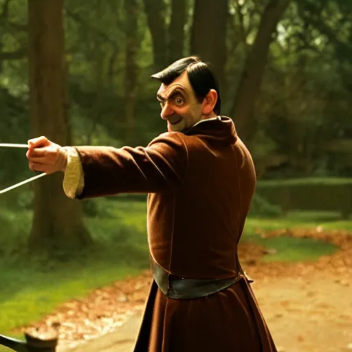 Prompt: mr. bean as robin hood. movie still. cinematic lighting.