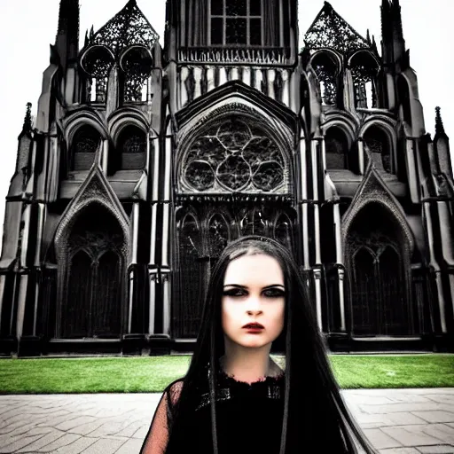 Image similar to gothic girl dressed in black, perfect face, macro head shot, behind her a gothic cathedral, perfect photo, wide lens, no decaying lines, the windows of the cathedral are reflecting red flame lights, delicate mandala intricate ornaments