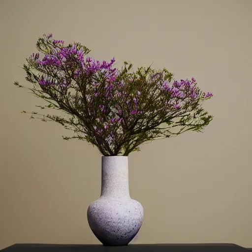 Image similar to a photo of 8k Ikebana in flower vase, ikenobo, ohararyu, sougetsu, wide angle, full body, sony a7r3, ultra detail, photorealistic, in simple background