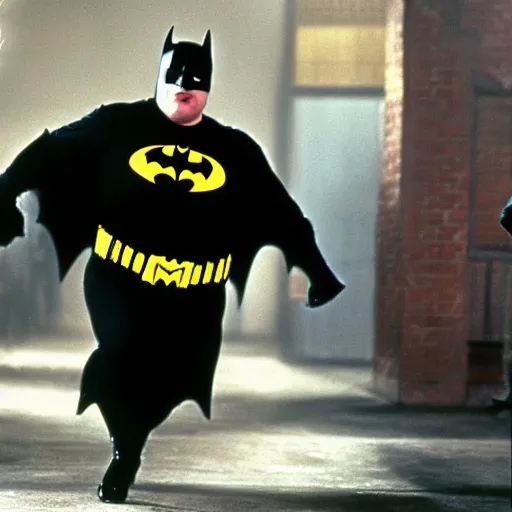 Image similar to chris farley as batman, tim burton batman movie, movie still