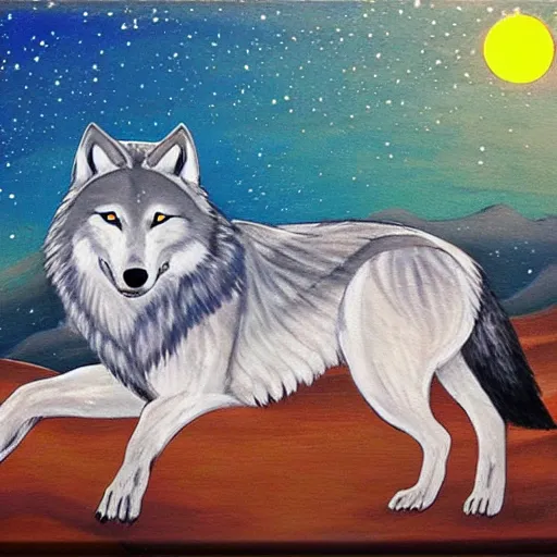 Prompt: wolf okami resting under a sky full of stars, by a deep!! river, calm, acrylic on canvas