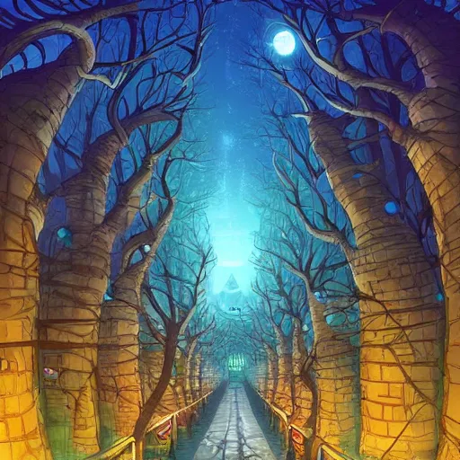 Image similar to street view of gigantic forest temple city at night by cyril rolando and naomi okubo and dan mumford and ricardo bofill