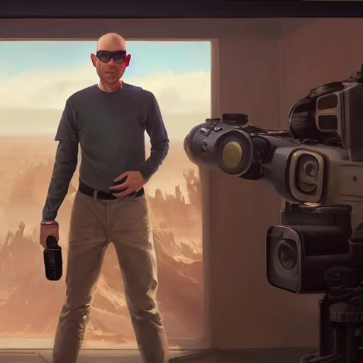 Prompt: wide shot of a bald young man with sunglasses is holding a cinema camera in a martian city, scifi, detailed realistic face, photorealistic oil painting, digital art, by charlie bowater, by jeremy lipking, by makoto shinkai, octane render