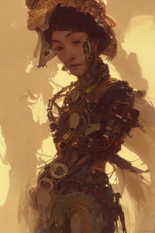 Prompt: A full portrait of a powerful beautiful futuristic dystopian junktown Japanese techromancer sorcerer enchanter, intricate, elegant, highly detailed, digital painting, artstation, concept art, smooth, sharp focus, illustration, art by Krenz Cushart and Artem Demura and alphonse mucha