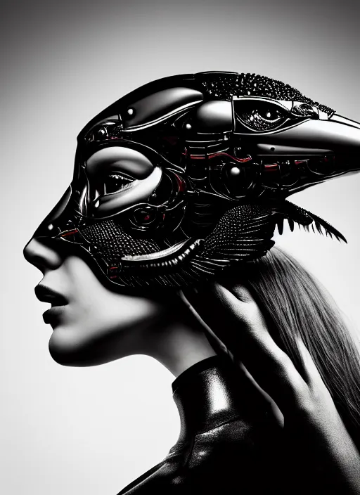 Image similar to profile portrait, a stunning young woman - cyborg with a mutant crow head, editorial photography, bw, by hans bellmer, shot on 7 0 mm, depth of field, f / 2. 8, high contrast, 1 6 k, volumetric lighting, shiny, insanely detailed and intricate, hypermaximalist, elegant, ornate