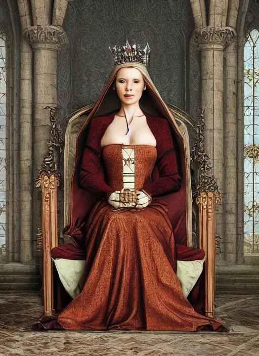 Prompt: realistic master painting of beautiful shot of Royal medieval fantasy Queen sitting on throne