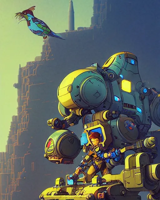 Prompt: bastion from overwatch, pet bird, character portrait, portrait, close up, concept art, intricate details, highly detailed, vintage sci - fi poster, retro future, in the style of chris foss, rodger dean, moebius, michael whelan, katsuhiro otomo, and gustave dore