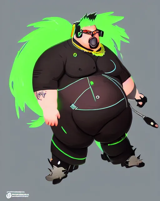 Image similar to overwatch concept art character portrait of a new character who is a obese chubby man with a punk mohawk neon green hair with clean shaven and long crooked nose and round cheeks, trending on artstation, cgsociety,