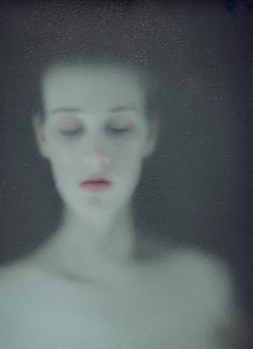 Prompt: underwater out of focus photorealistic portrait of a beautiful aesthetic pale woman by sarah moon, very blurry, translucent white skin, closed eyes, foggy