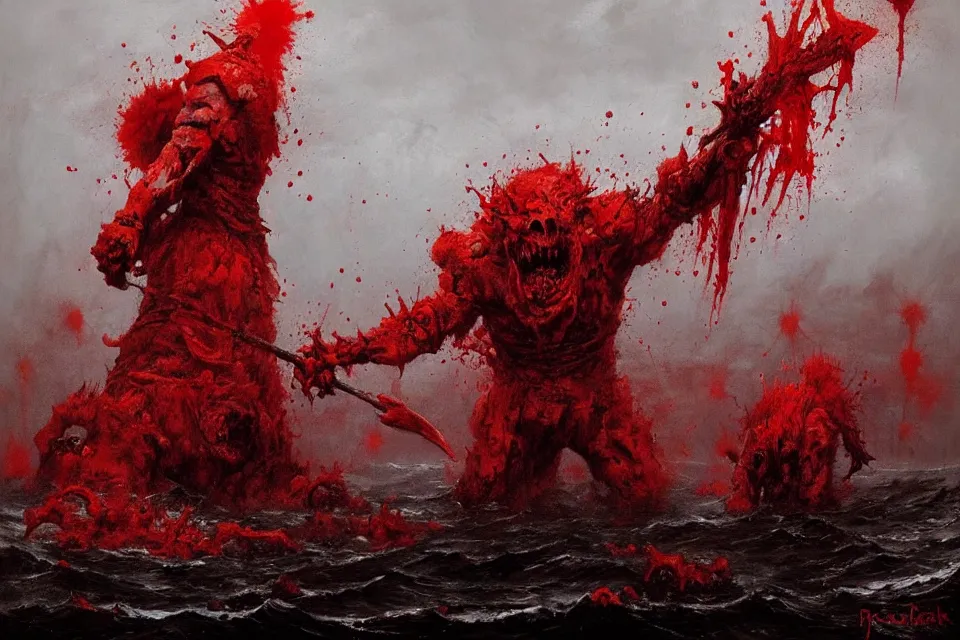 Image similar to the sea of blood and chaos demon, jakub rozalski.