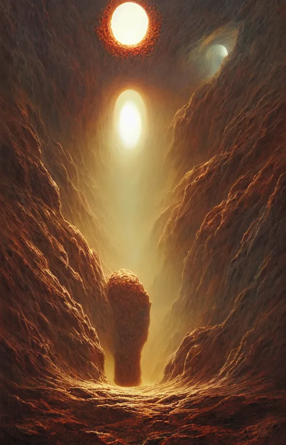 Image similar to enormous portal into godhood created by primordial demiurge flickers omniously on a barren hellish exoplanet, philosophical concept illustrated by James Gurney and Zdzislaw Beksinski and Dariusz Zawadski, dramatic lighting, ultra HD, HDR, 8k