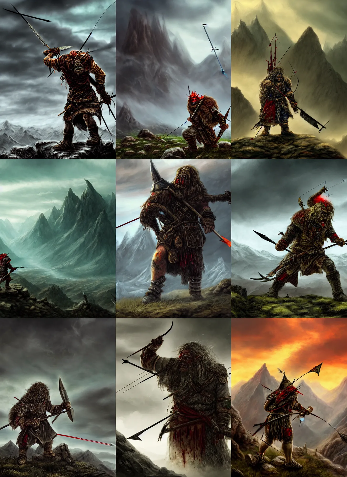 Prompt: lonely ork warrior hit with an arrow in the shoulder and is bleeding, desolated mountains in the distance, cloudy atmosphere, rod rays, realistic, style of tolkien world, 4 k, masterpiece, epic, maximalist