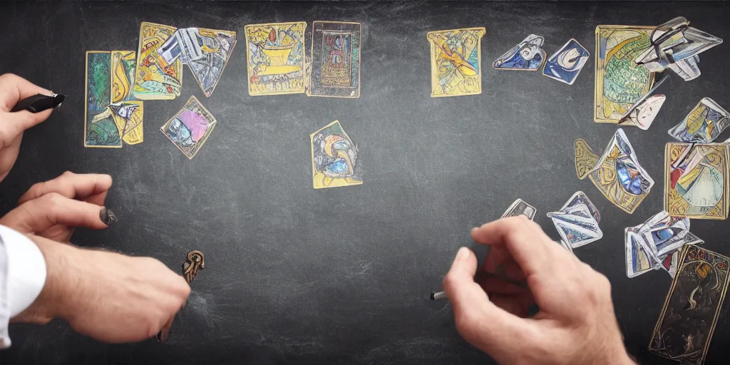 Image similar to back shot of male accountant examining the mysteries of tarot cards on a magical blackboard, fantasy art, matte painting, high quality