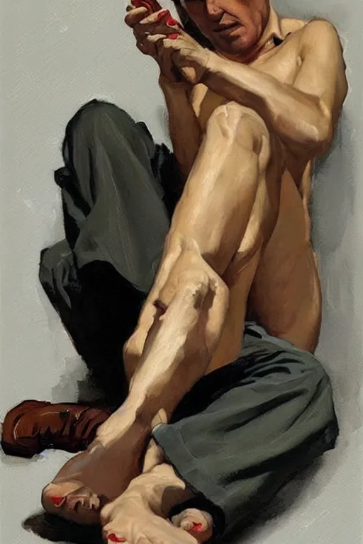 Image similar to tarantino caressing feet,'bare feet '!!!! painting by jc leyendecker!! phil hale!, angular, brush strokes, painterly, vintage, crisp