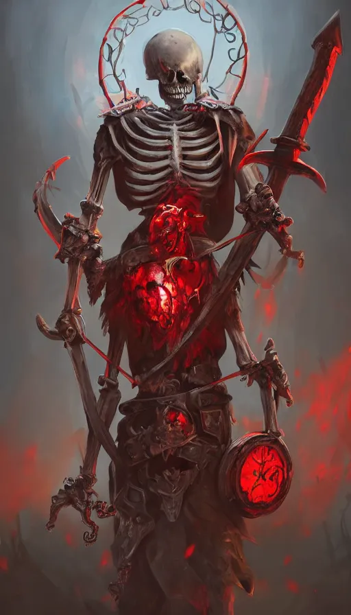 Prompt: a skeleton holding a sword and shield, fantasy digital art, concept art, artstation trending, surrounded by red tentacles, photorealistic, cinematic lighting