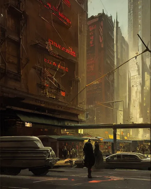 Image similar to a highly detailed epic cinematic concept art CG render digital painting artwork: 1950’s New York. By Greg Rutkowski, in the style of Francis Bacon and Syd Mead and Norman Rockwell and Beksinski, open ceiling, highly detailed, painted by Francis Bacon and Edward Hopper, painted by James Gilleard, surrealism, airbrush, Ilya Kuvshinov, WLOP, Stanley Artgerm, very coherent, triadic color scheme, art by Takato Yamamoto and James Jean