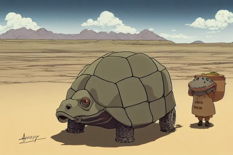 Image similar to a study of cell shaded cartoon of a grey mechanized tortoise from howl's moving castle ( 2 0 0 4 ) on a desert road, full body, wide shot, very muted colors, post grunge, studio ghibli, laurie greasley, highly detailed, deviantart, art by artgem