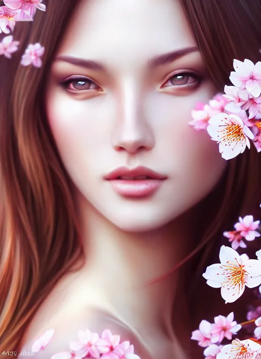 Image similar to photo of a gorgeous female in the style of stefan kostic, realistic, half body shot, sharp focus, 8 k high definition, insanely detailed, intricate, elegant, art by stanley lau and artgerm, extreme blur cherry blossoms background