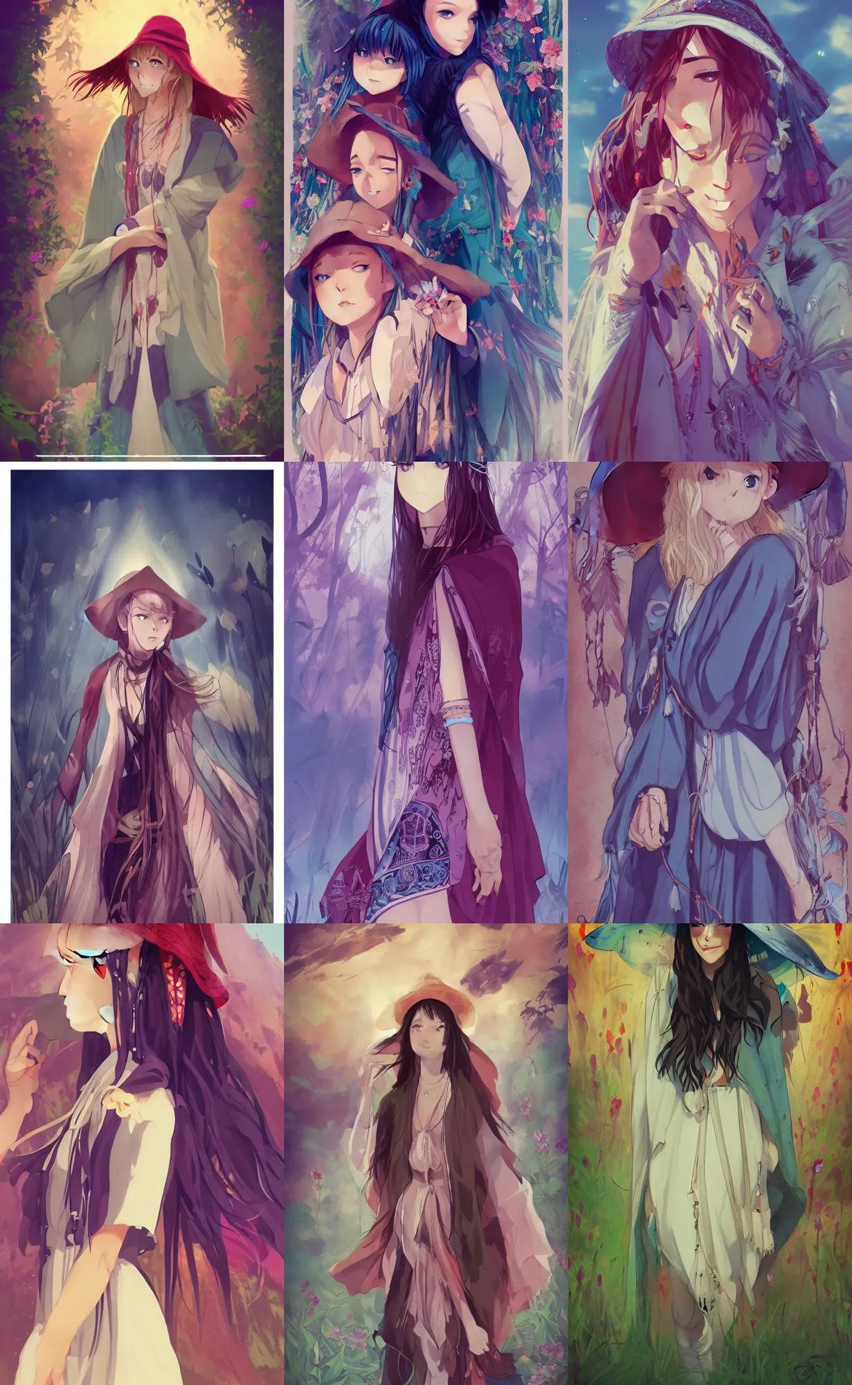 Prompt: bestselling movie poster, official media,a smooth cinematic beautiful closeup moment of friends enjoying life and visiting wearing boho poncho and sunhat with hyacinths, full body portrait while and simple form, brutal shapes, shaman, pixiv, 1990s fashion, official anime media, cinematic lighting, artstation consept artwork by doja cat, charlie bowater, waterhouse,greg rutkowski, wong kar wai