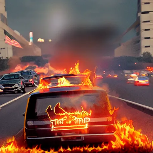 Image similar to photograph of donald trump on the highway firebending cars