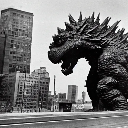 Image similar to a newsreel photo of godzilla rampaging through downtown minneapolis