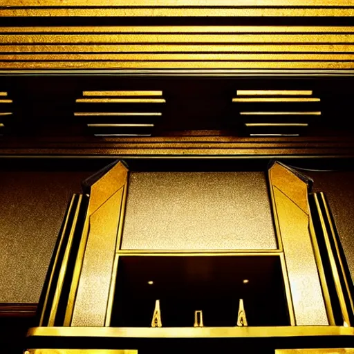 Prompt: art deco black and gold courtroom, sinister, dark, oppressive, low angle