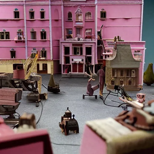 Prompt: a photo of a stopmotion animation filming set of the grand budapest hotel