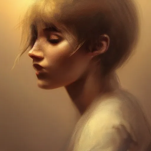 Image similar to a young woman, dramatic lighting, chiaroscuro, high detail, painted by romain jouandeau, trending on artstation