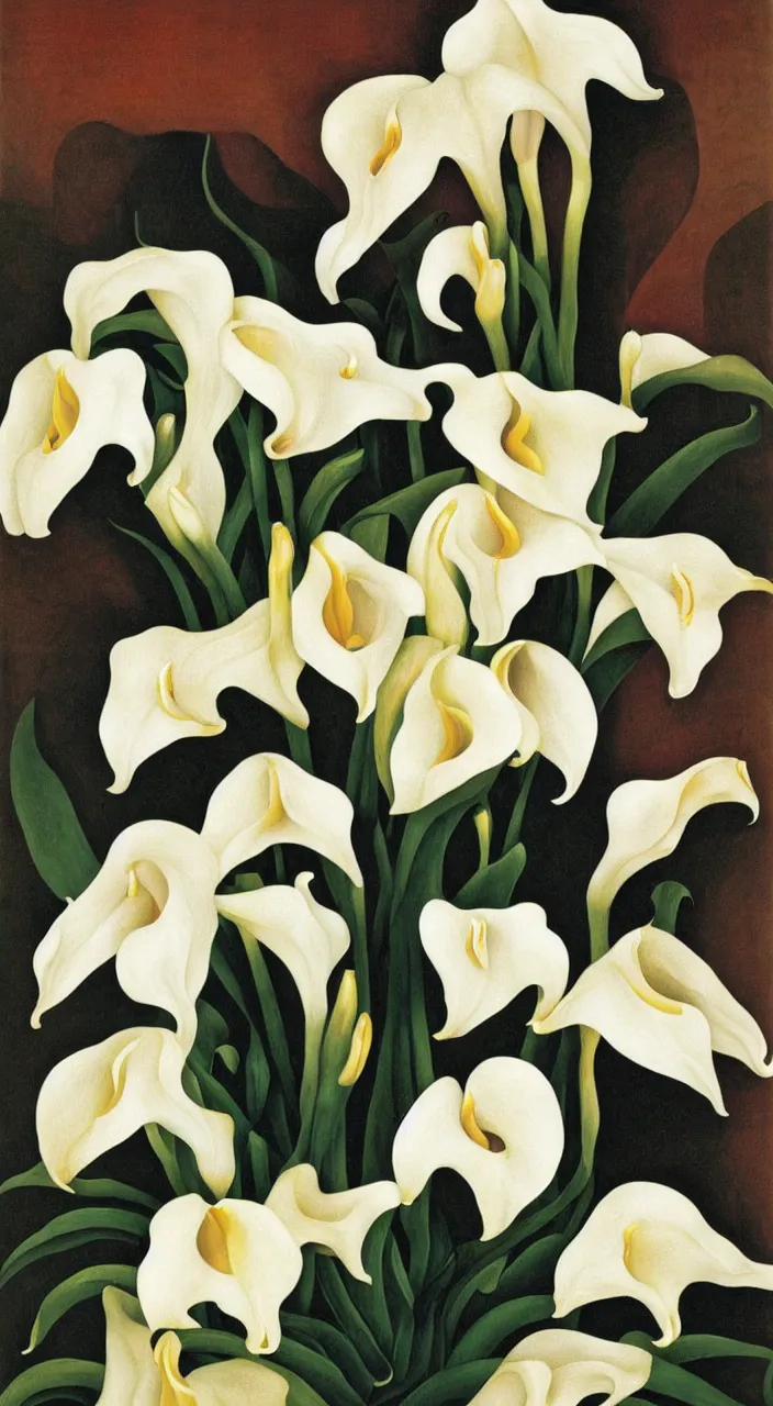 Image similar to portrait of a cream colored havanese dog with a bouquet of calla lillies, mexico, painting by diego rivera realism aztec modernism 1 9 3 5