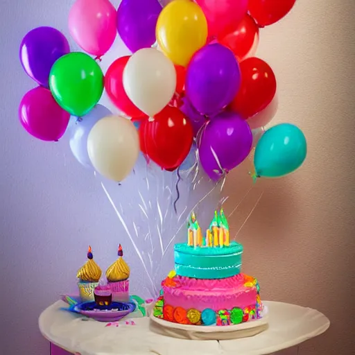 Image similar to a giant birthday cake with plenty of birthday balloons surrounding it