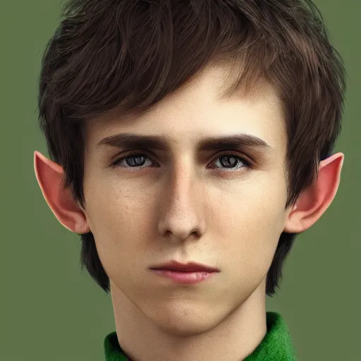 Image similar to A portrait of a adolescent male half-elf wizard who is tall and slim, short brown hair, smiling, deep green eyes, green shirt, college, learning, robes, staff, focus on face, sharp focus, highly detailed, photograph, cinematic, dynamic lighting, trending on artstation.