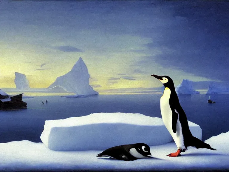 Image similar to an oil painting of a penguin playing in pure white snow on an iceberg in a serene ocean at dusk. aurora. by tuomas korpi moebius and carl spitzweg. baroque elements. intricate artwork by caravaggio. oil painting. oil on canvas. award winning. dramatic. trending on artstation. 8 k