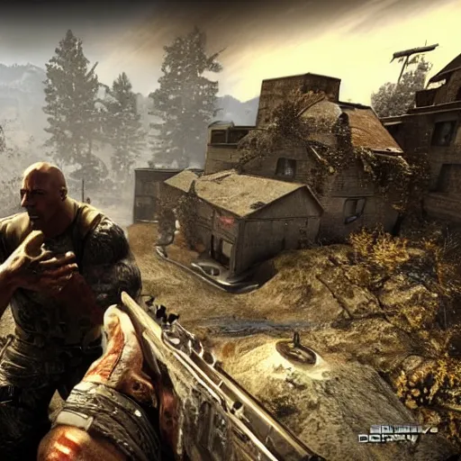 Image similar to dwayne the rock johnson, dwayne the rock johnson in the call of duty zombies map der reise, black ops 2 der reise, screenshot