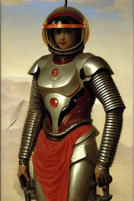 Image similar to portrait of a astronaut is a chinese dragon in armor and helmet, majestic, solemn, in space, by bouguereau