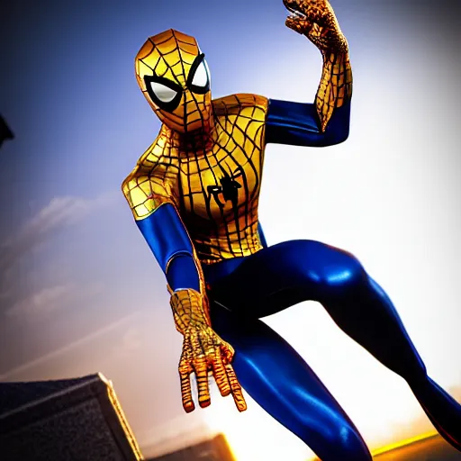 Image similar to gold spider - man suit with black web lining, cinematic, volumetric lighting, realistic, hyperdetailed, photorealistic, photograph