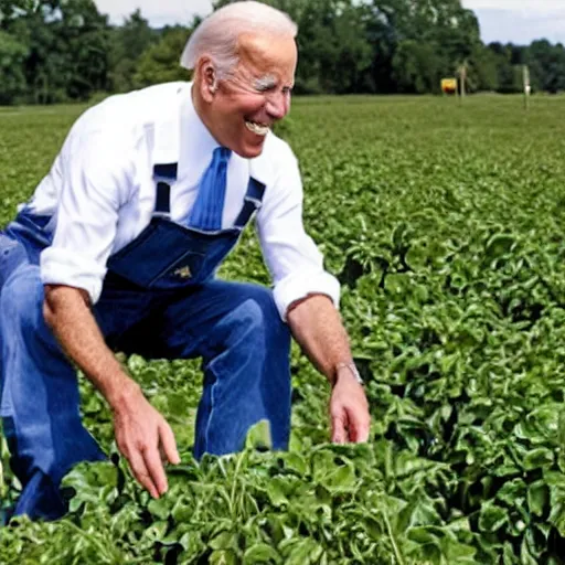 Prompt: joe biden wearing overalls while farming.