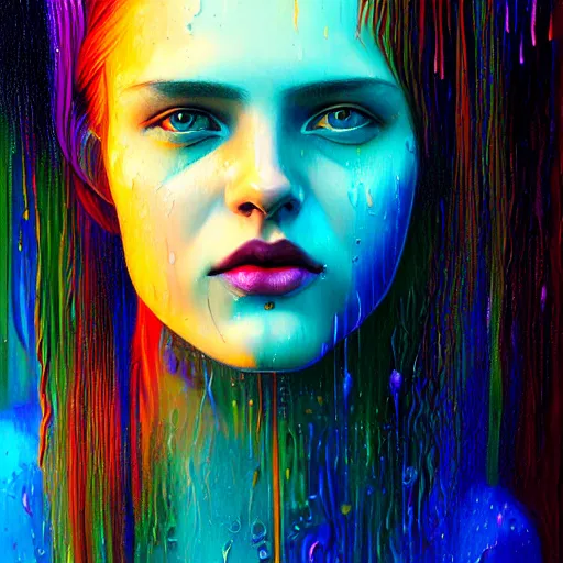 Image similar to portrait of girl in uniquely colored psychedelic rain with wet hair and face, fantasy, intricate, elegant, dramatic lighting, epiphany, highly detailed, lifelike, photorealistic, digital painting, artstation, concept art, smooth, sharp focus, illustration, art by John Collier and Albert Aublet and Krenz Cushart and Artem Demura and Alphonse Mucha