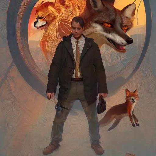 Image similar to tobey maguire and a red fox, intricate, highly detailed, digital painting, artstation, concept art, smooth, sharp focus, illustration, unreal engine 5, 8 k, art by artgerm and greg rutkowski and alphonse mucha