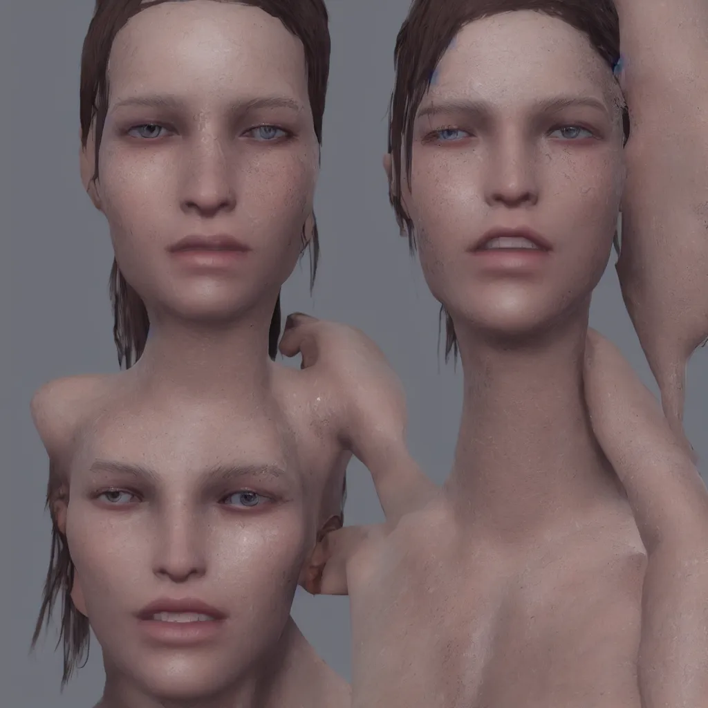 Image similar to glistering sweaty skin face fashion model unreal engine