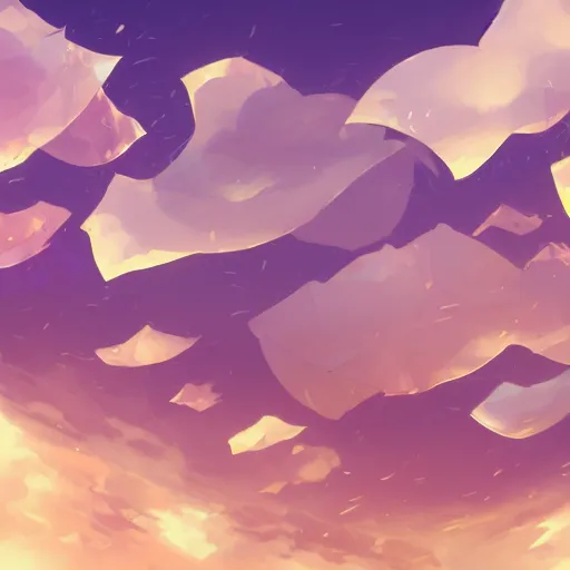 Prompt: background art of spaciously scattered longswords flowing and floating through the blowing swirling directional wind from left to right on a simple cloudy sky background, big puffy clouds, large individual rose petals, angular background elements, polygonal fragments, anime, artgerm, manga, trending on artstation, art nouveau, mature color scheme