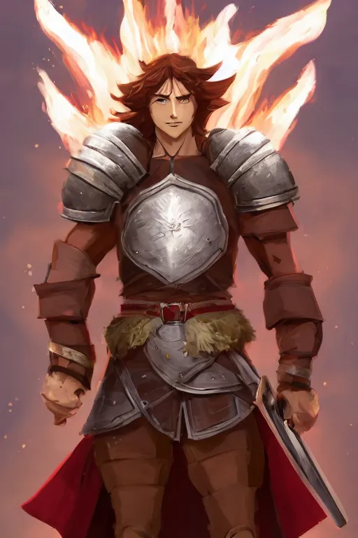 Prompt: male shifter, late 2 0 s, medium brown hair, green eyes, athletic build, scale mail armor, ripped white and red clothes, holding wooden shield and flaming holy symbol, dungeons and dragons, pathfinder, roleplaying game art, concept art, character design, by studio ghibli, makoto shinkai, kim jung giu, poster art, game art