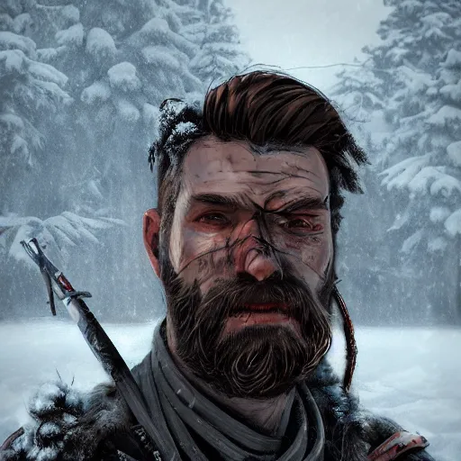 Prompt: A comic book style portrait painting of a male survivalist warrior in a a post apocalyptic winter landscape, unreal 5, DAZ, hyperrealistic, octane render, RPG portrait, ambient light, dynamic lighting